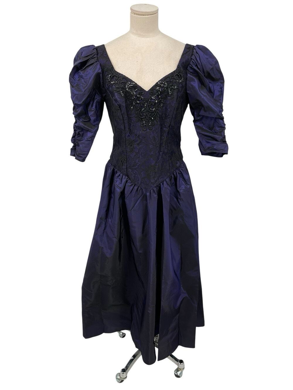 Vintage NWT Alfred Angelo Prom Dress Purple Black Lace Beading Puff Sleeve M